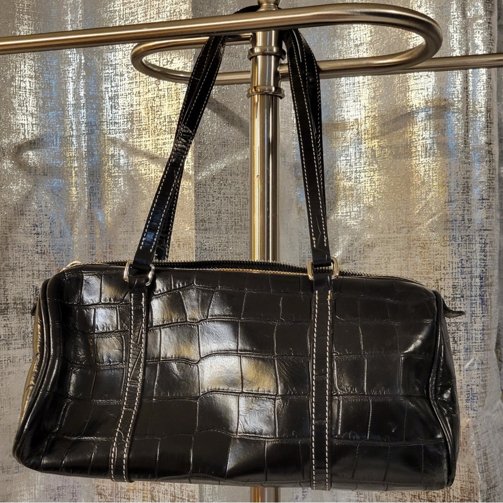 Dooney & Bourke 🖤 Black Croc-Embossed Barrel Shoulder Bag Vintage - Picture 2 of 11